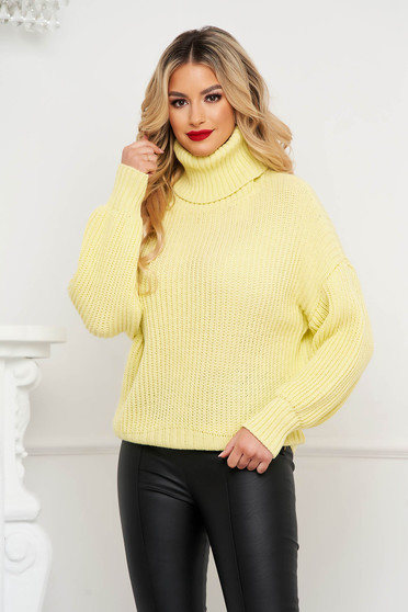Casual jumpers, Yellow sweater knitted thick fabric with turtle neck loose fit - StarShinerS.com