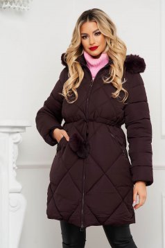 Purple jacket loose fit from slicker detachable hood is fastened around the waist with a ribbon