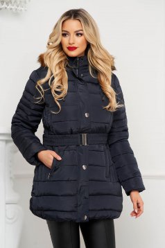 Darkblue jacket from slicker elastic belt detachable hood