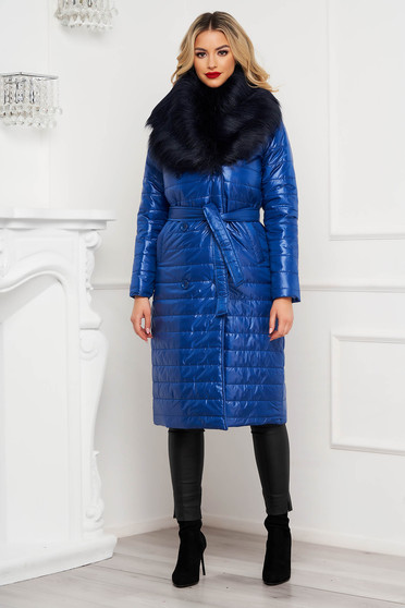 Coats & Jackets, Blue jacket from slicker fur collar from ecological fur detachable cord - StarShinerS.com