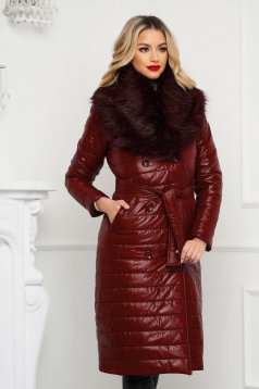 Burgundy jacket from slicker fur collar from ecological fur detachable cord