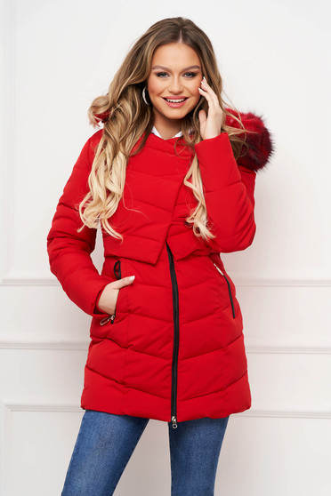 Red jacket from slicker buttons and zipper fastening with faux fur accessory