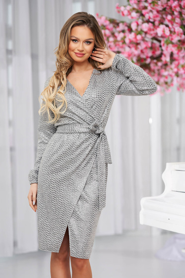 StarShinerS grey dress knitted with elastic waist wrap over skirt with v-neckline
