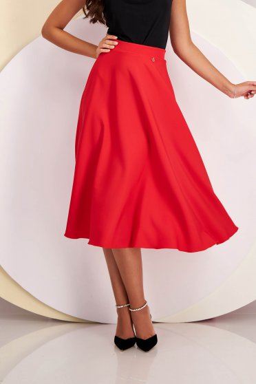 Red Elastic Fabric Midi Flared Skirt - StarShinerS
