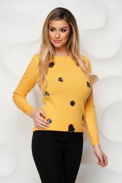 Mustard women`s blouse knitted with sequin embellished details tented
