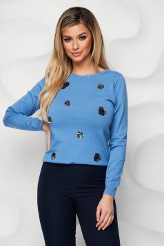 Bluza dama SunShine albastru-deschis tricotata mulata cu aplicatii cu paiete