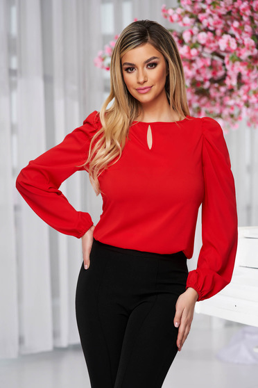 Office Blouses, StarShinerS red women`s blouse office with cut out material from veil fabric - StarShinerS.com