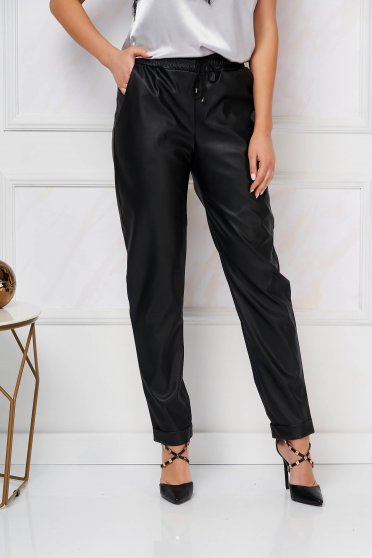 Black trousers from ecological leather with elastic waist loose fit