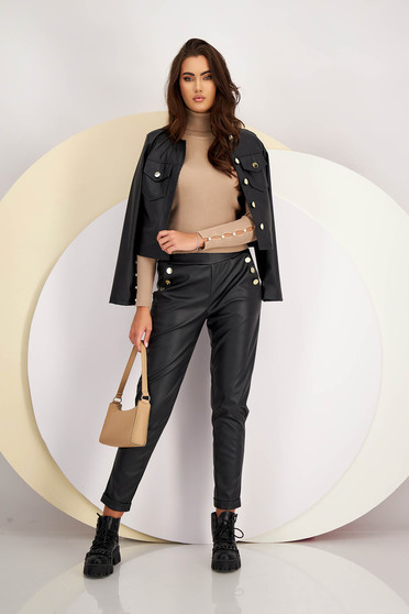 Trousers, Black trousers from ecological leather medium waist with button accessories conical - StarShinerS.com