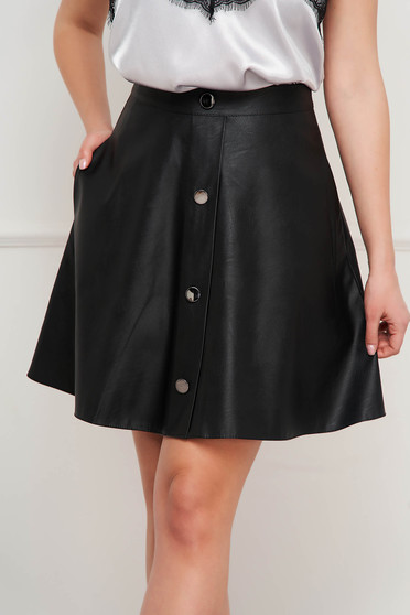 Black skirt cloche from ecological leather with button accessories
