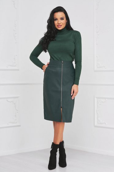 Casual skirts, Darkgreen skirt high waisted from ecological leather pencil - StarShinerS.com