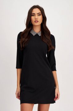 Black elastic material dress with A-line cut and plaid collar - SunShine