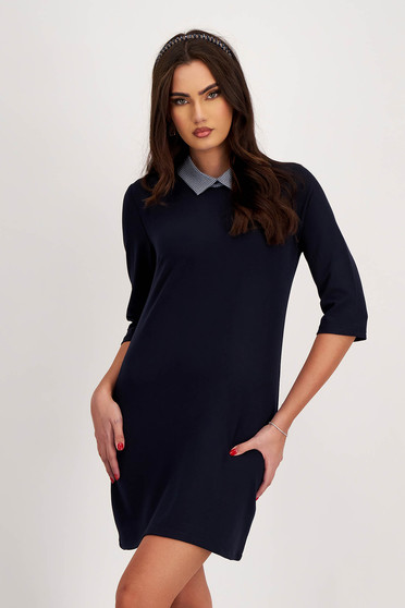 Online Dresses, Navy Blue Stretch Material Dress with A-Line Cut and Plaid Collar - SunShine - StarShinerS.com
