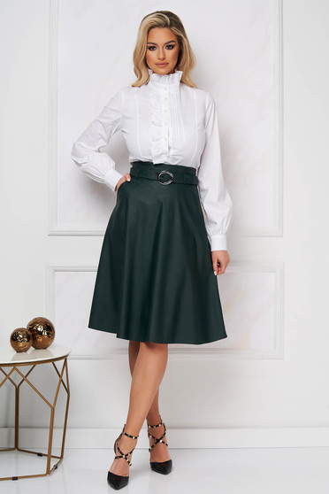 Ecological leather skirts, Green skirt from ecological leather cloche office faux leather belt - StarShinerS.com
