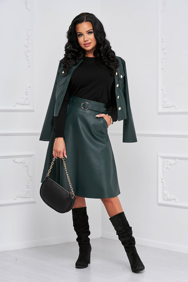 Skirts, Darkgreen skirt from ecological leather cloche faux leather belt - StarShinerS.com