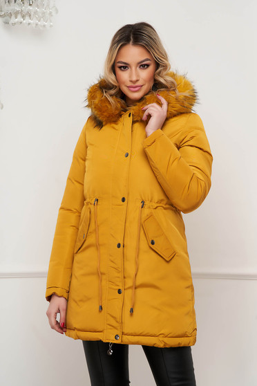 sales-jackets, Mustard jacket with faux fur accessory from slicker double-faced straight - StarShinerS.com