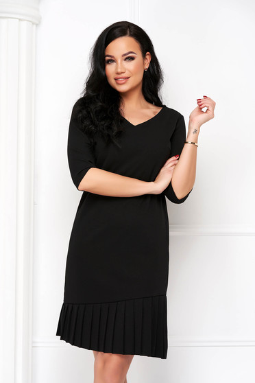 Short sleeved dresses, Black dress straight pleated crepe - StarShinerS.com