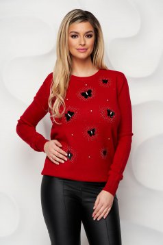 Red women`s blouse knitted pearls strass