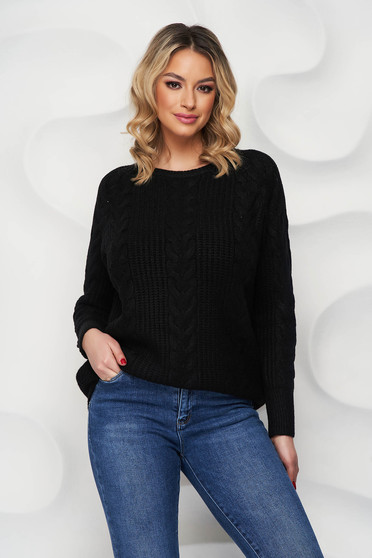 Reduceri pulovere negru, tricotata, Pulover SunShine negru cu croi larg tricotat cu impletituri de material - StarShinerS.ro