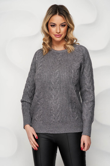 Reduceri pulovere larg, Pulover SunShine gri cu croi larg tricotat tricotat cu impletituri de material - StarShinerS.ro