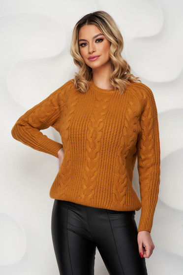 Reduceri pulovere, marimea XXL, Pulover SunShine mustariu cu croi larg tricotat cu impletituri de material - StarShinerS.ro