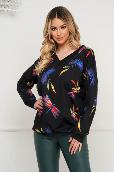 Black women`s blouse loose fit pressure-free border with floral print