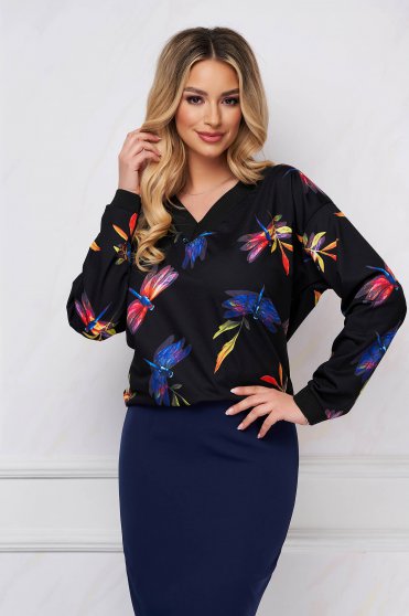 Casual Blouses, Black women`s blouse loose fit pressure-free border with floral print - StarShinerS.com