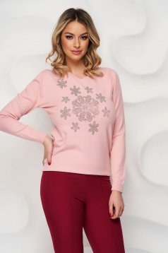 Bluza dama din tricot roz cu aplicatii cu pietre strass - SunShine
