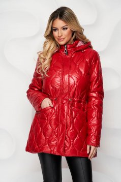 Red jacket from slicker is fastened around the waist with a ribbon detachable hood