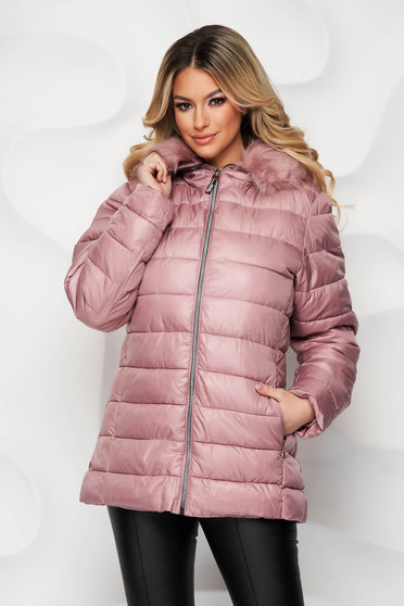 sales-jackets, Lightpink jacket from slicker with faux fur accessory - StarShinerS.com