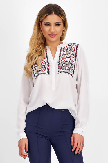 Women's white cotton blouse with rhinestone embroidery - SunShine