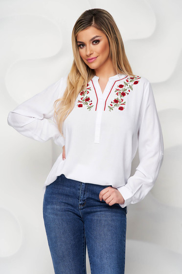 Blouses & Shirts, White women`s blouse cotton embroidered loose fit - StarShinerS.com
