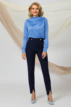Blue women`s blouse from satin high collar with pearls