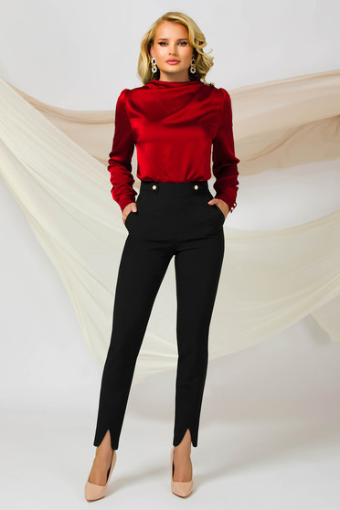 Office Blouses, Red women`s blouse from satin high collar with pearls - StarShinerS.com