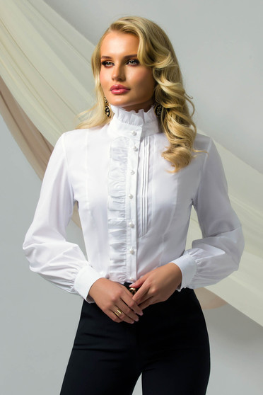 White women`s shirt tented with ruffle details cotton