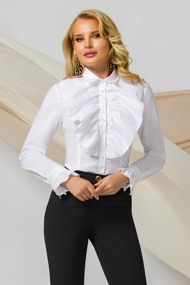 White women`s shirt cotton office tented with ruffle details