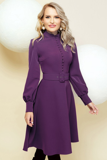 Elegant purple cloche dress with puffed sleeves accessorized with belt