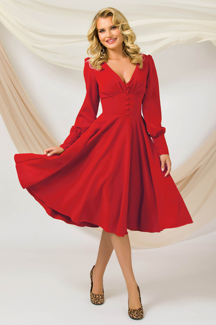 Gowns, Red dress cloche slightly elastic fabric high shoulders with decorative buttons - StarShinerS.com
