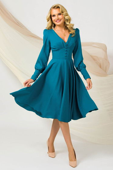Elegant dresses, Turquoise dress cloche slightly elastic fabric high shoulders with decorative buttons - StarShinerS.com