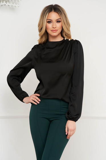 Black women`s blouse from satin loose fit with buttons pearls