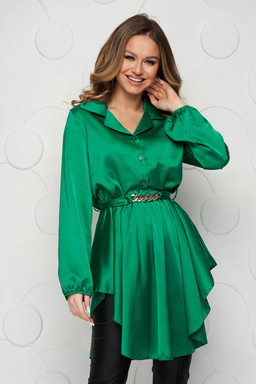 Green women`s blouse asymmetrical from satin accessorized with tied waistband metallic chain accessory