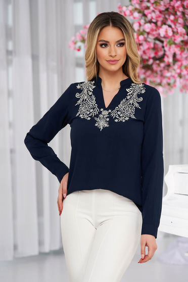 Darkblue women`s blouse cotton embroidered with straight cut