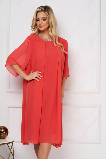 From veil fabric midi loose fit with crystal embellished details coral dress occasional