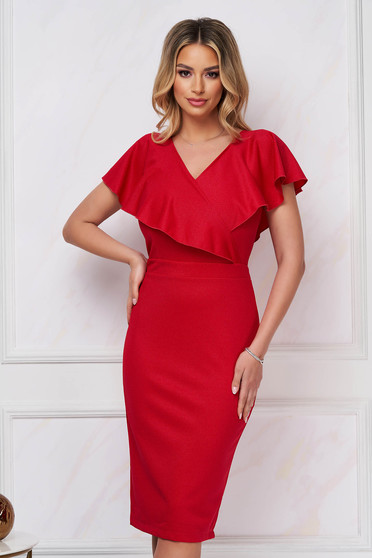 Thin material dresses, - StarShinerS red dress midi pencil from elastic fabric frilly trim around cleavage line accessorized with breastpin - StarShinerS.com