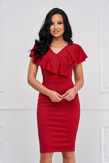 - StarShinerS red dress midi pencil from elastic fabric frilly trim around cleavage line accessorized with breastpin