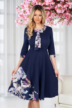 Navy blue midi dress made from slightly stretchy fabric with a bow at the neckline and digital print - StarShinerS
