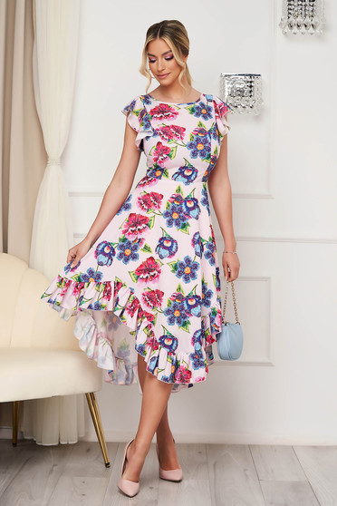 - StarShinerS dress with ruffle details midi cloche asymmetrical with floral print thin fabric