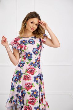Dress with ruffle details midi cloche asymmetrical with floral print thin fabric - StarShinerS