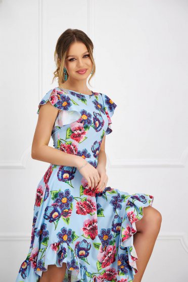 Blue dresses, Dress with ruffle details midi cloche asymmetrical with floral print thin fabric - StarShinerS - StarShinerS.com