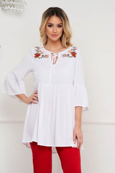 White women`s blouse loose fit long cotton embroidered